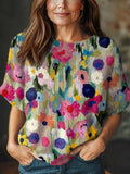Women's Vintage Floral Art Print Casual Crew Neck Short Sleeve Knitted Sweater