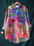 Women's Retro Colorful Artistic Flowers Print Casual Cotton And Linen Ruffle Shirt