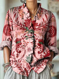 Women's Abstract Ethnic Floral Painting Art Print Casual Cotton And Linen Ruffle Shirt