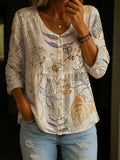 Women's Retro Flower Art Print Linen Cotton Shirt