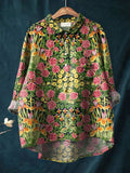 Vintage Floral Art Print Casual Cotton And Linen Shirt