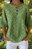 Women's Retro Green Geometric Wave Art Pattern Print Casual Waffle Cotton Shirt RSHW3306
