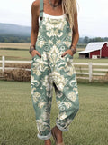Women's Vintage Floral Pattern Art Print Casual Cotton Linen Wide Leg Jumpsuit