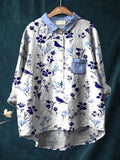 Decorative Pattern of Flowers and Birds In Blue Tones Casual Cotton And Linen Shirt