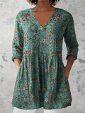 Women's Retro Floral Art Print Casual Cotton And Linen V-neck Top
